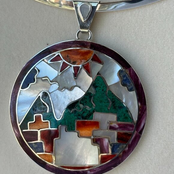 Peruvian 950 Sterling Silver Pendant | Handcrafted Mosaic Inlay natural stone - Picture 11 of 12